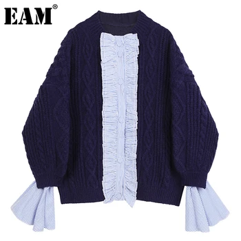 

[EAM] Striped Big Size Knitting Cardigan Sweater Loose Fit Round Neck Long Sleeve Women New Fashion Autumn Winter 2020 1DB088