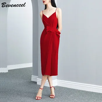 

Bevenccel 2020 New Arrival Red Spaghetti Strap Summer Women Dress Sexy V Neck Bow Split Celebrity Evening Party Dress Vestidos