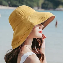 Модная однотонная хлопковая Панама с широкими полями, двусторонняя женская летняя шляпа с защитой от солнечных ожогов, желтые кепки в рыбацком стиле