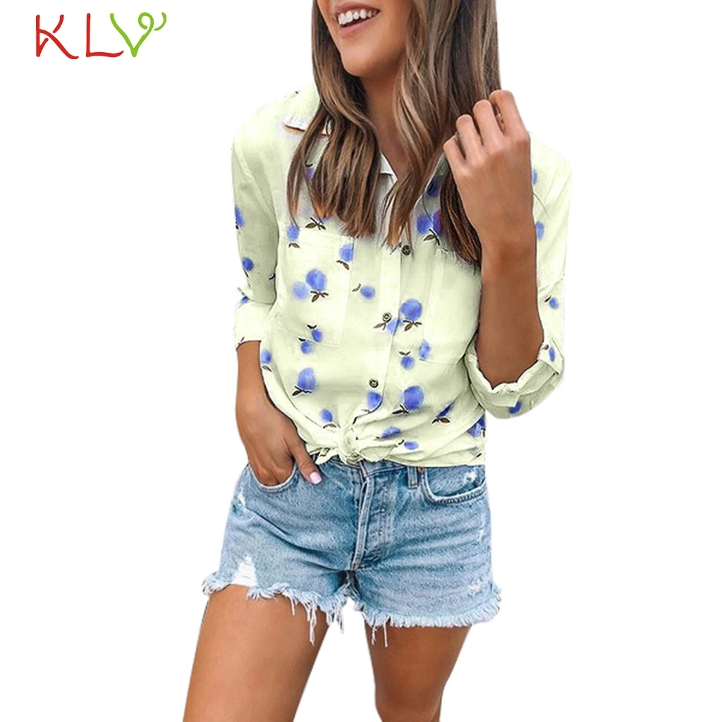 

Women Blouses Fruit Print Elegant Pocket Korean Long Sleeve Shirts 2019 Fashion Basic Mujer Plus Size Blusas Femininas New 19Jul