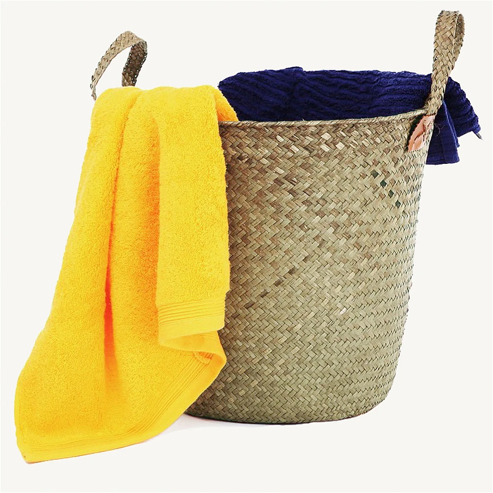 Natural Round Straw Laundry Baskets Foldable Wicker Rattan Seagrass