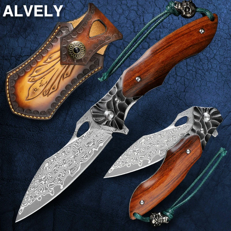 ALVELY Pocket Folding Knife Damascus Steel Handmade High Quality Wooden Handle Bearing EDC Tool Survival | Инструменты