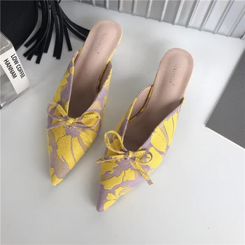 

Satin Outside Women Slippers 2020 Summer New Bow Design Pointed Toe Sandals Slides Slip On Mules Shoes Sandals Slides Low Heels