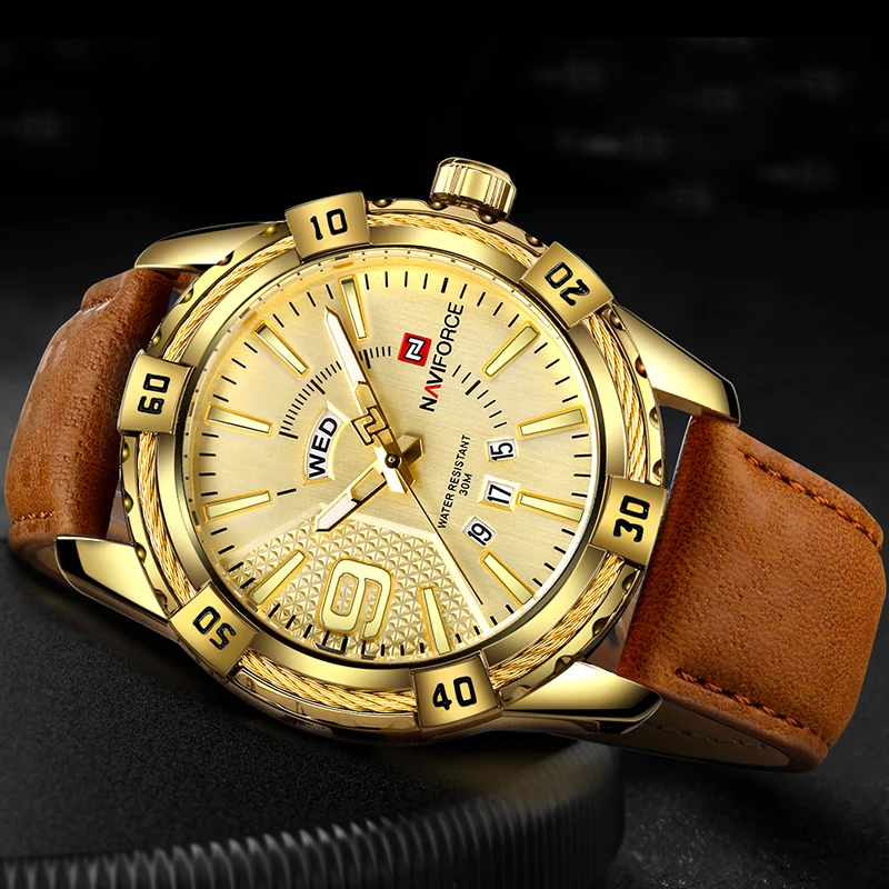 NAVIFORCE Luxury Watches for Men Waterproof Fashion Leather Quartz Day and Date Display Man's Wristwatch 9117L Relogio Masculino