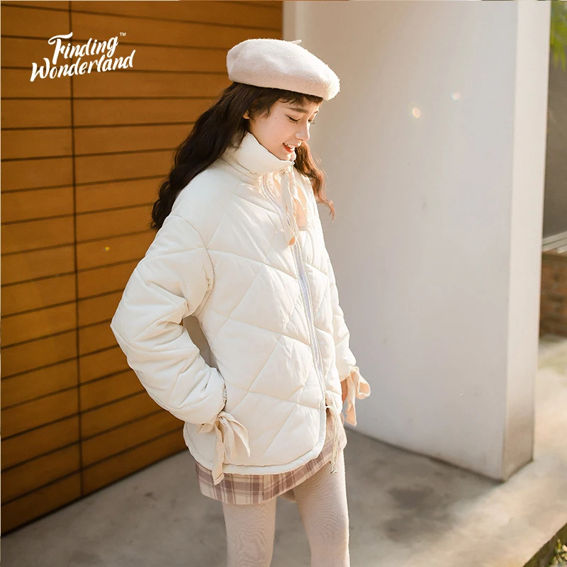 

2019 sweet Quilted warm jacket women Bow tie casual cotton coat Loose outwear Findingwonderland