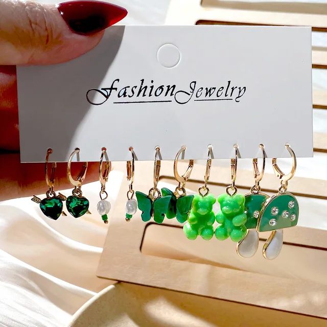 Flatfoosie 5Pair Pink Blue Heart Butterfly Drop Earrings Set For Women Boho Cute Star Moon Eye Dangle Earring 2022 Trend Jewelry 157905GN