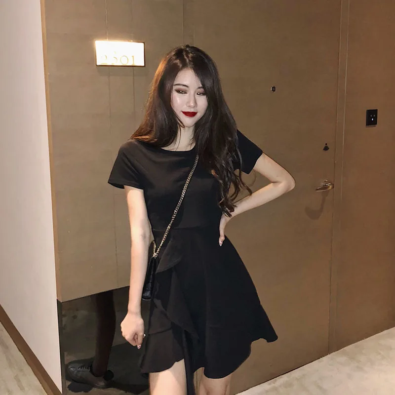

2020 New Spring Summer Casual Sweet Blakc Women Dresses Office Lady Sexy O-Neck Party Night Ruffles Lady Dresses Female Vestidos