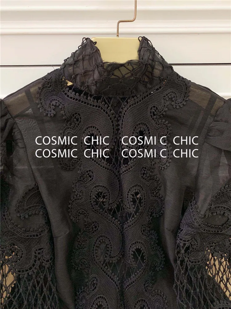 Cosmicchic, подиумная Праздничная юбка, комплект, элегантный фонарь, длинный рукав, открытая кружевная вышивка, блузка, нестандартные оборки, мини-юбка