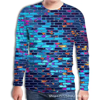 

Large Size Autumn Men's Tee Shirt Creative Square Brick Wall 3D Print Long Sleeve Men's T-Shirt Fashion O-Neck Casual Men Shirt