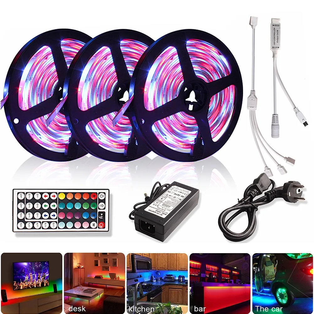 5 м 10 м 15 м 2835 RGB светодиодный светильник DC 12 В RGB Диодная лента гибкая лента Tira светодиодный светильник с ИК-пультом дистанционного управления+ адаптер