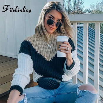 

Fitshinling Casual Holiday Patchwork Sweaters For Women 2019 Winter Pullovers Knitweaer Slim Basic Jumper New Pull Femme Sale