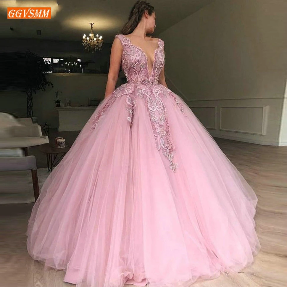

Graceful Pink V Neck Evening Gowns Appliqued Beaded Tulle Ball Gown Evening Dresses Custom made Garden Castle Women Formal Dress