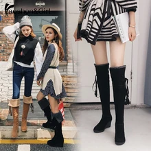 Haoshen& Girl/теплая женская зимняя обувь высокие сапоги из искусственной замши с меховой отделкой женские сапоги на танкетке с кружевом Размер 11