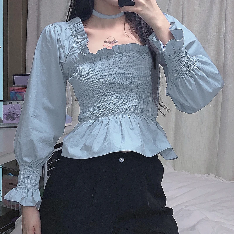 2020 Korean Popular Temperament Lotus Leaf Long Sleeve T-shirt Office Lady Full Ruffles Blue Puff Sleeve T Shirt for Women