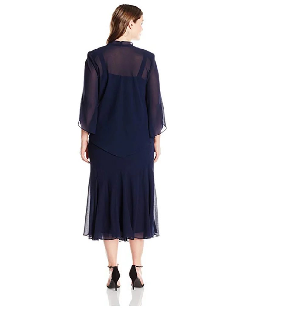 Navy Tea Length Mother of the Bride Groom Dresses for Party Gowns Women's Plus Size Beaded Chiffon