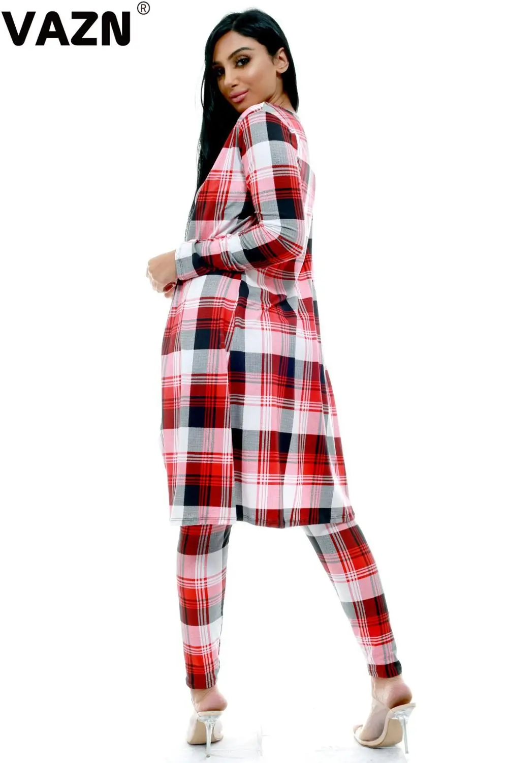 VAZN GJH1053 chic new summer sexy lady 3-piece red set strapless tops full sleeve long coat long pants set lady plaid sets