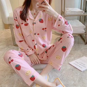 

Print Long Sleeve Sleepwear Pajamas For Women 2020 Spring Top+Pant 2 Piece Set Female Homewear Summer Cute Cartoon Pijama Mujer