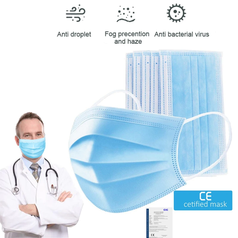 

50/100pcs Blue Prevent Bacteria Mouth face Mask Disposable Non-Woven 3-layer Filter Unisex Anti-dust Mouth Nose Proof Mask