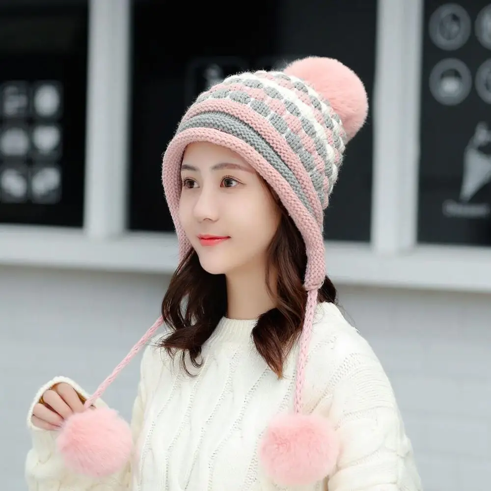 pink hat Теплая вязаная шапка для женщин, зимние модные шапочки, милая шапка, бархатная шерстяная шапка, Женская Толстая вязаная шапка, шарф - Цвет: pink hat