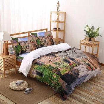 

Italy Mountain Town House Flower Pot Building Printed Duvet Cover Set 4 Piece Bedding Set Home Textile Customizable