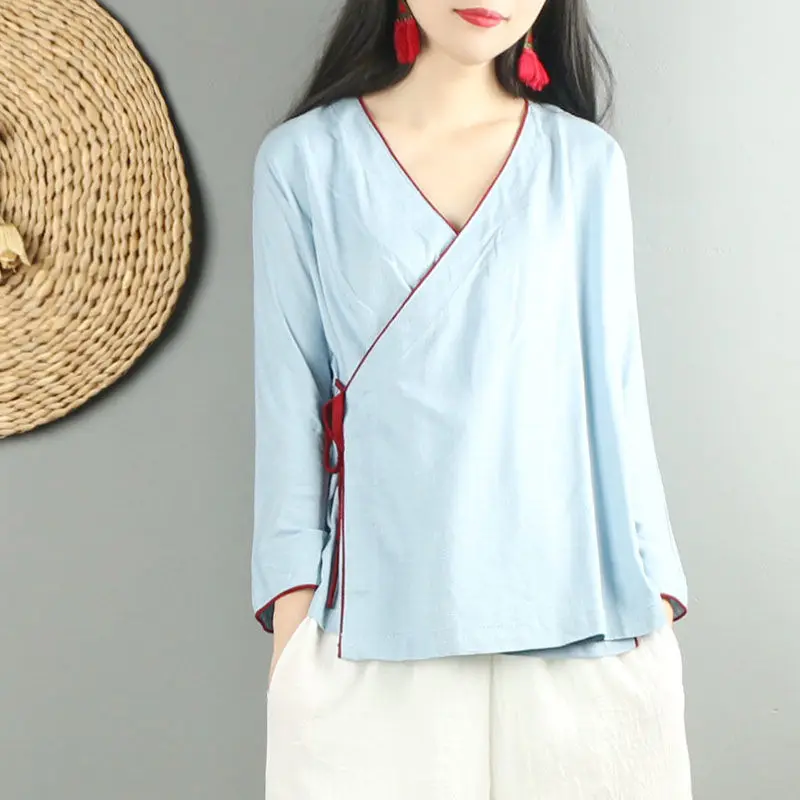 Solid Color Chinese Style Retro Hanfu Cardigan Loose Women's Clothes Blouse Literary Cotton And Linen Shirt Wide Leg Pants