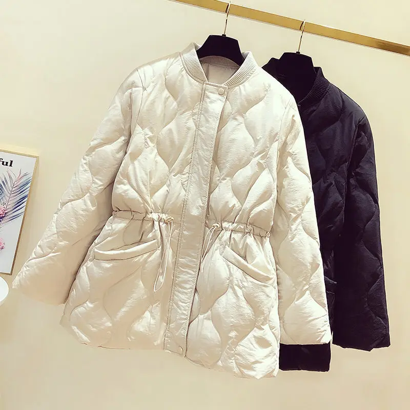 

2020 winter New Korean style stand collar drawstring waist long female baseball suit warm coat female