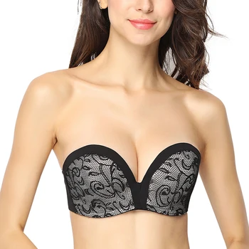 

Elovegirl Strapless Lace Bra for Women Anti-slip Push Up Bralette A B C Cup Demi Hand Shape Lift Bras Khaki Comfort Underwear