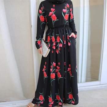 

Siskakia Maxi Dress Rose Printed A Line Long Dress Dubai Malaysia Turkey Middle East Ethnic Slim Waist Women Clothing Eid Outfit