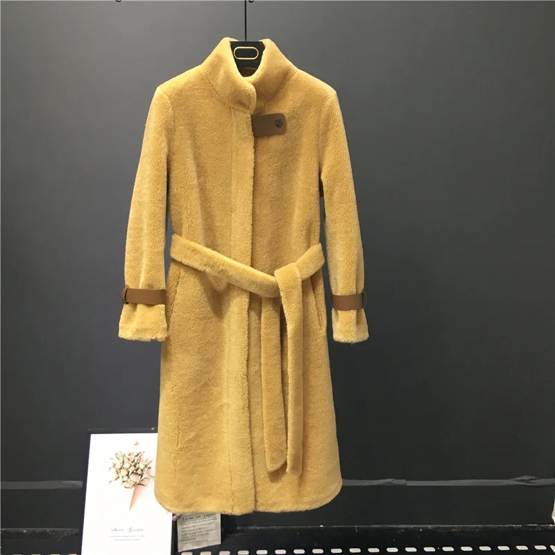 X-long пальто женская одежда зима новое поступление парка из натурального овечьего меха куртка с верхняя одежда на поясе толстый теплый стоячий воротник