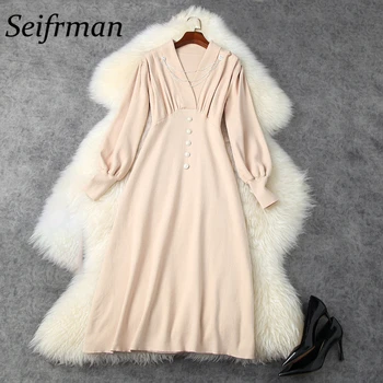

Seifrmann Women Autumn Fashion Runway Party A-Line Dress Lantern Sleeve Button High Waist Solid Printed Ladies Midi Dresses 2020