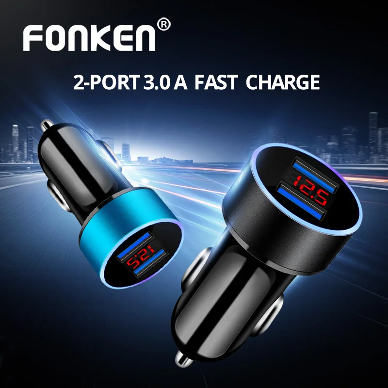 Автомобильное зарядное устройство FONKEN Usb, 2 порта, автомобильное зарядное устройство для мобильного телефона, светодиодный дисплей, Автоматическая быстрая зарядка, универсальный адаптер Micro type C Usb