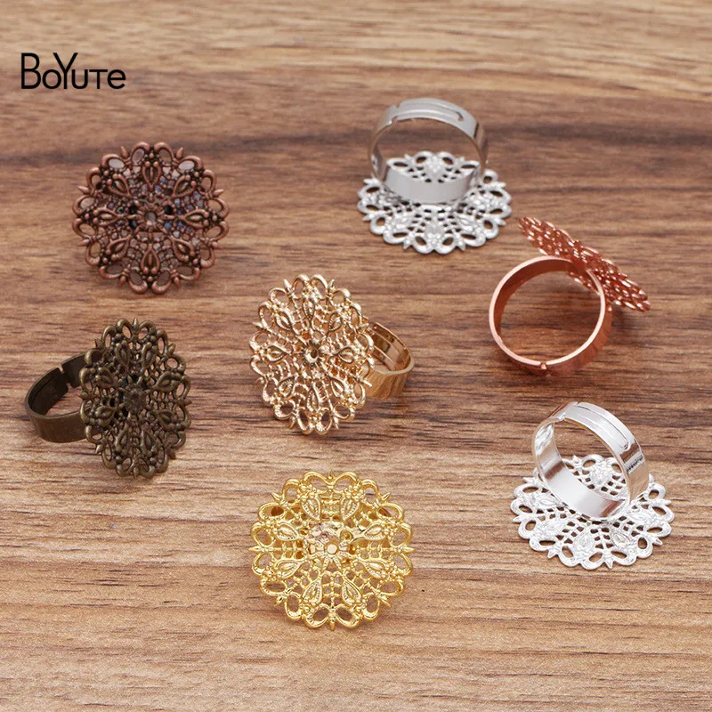 BoYuTe (200 Pieces/Lot) 25MM Metal Brass Filigree Peacock Feather Ring Base Adjustable Diy Hand Made Jewelry Accessories