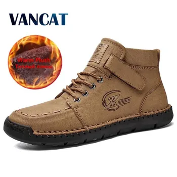 

New Winter Handmade Men's Boots Leather Warm Ankle Snow Boots Outdoor Comfortable Motorcycle Boots Fur Casual Shoes Men Shoes