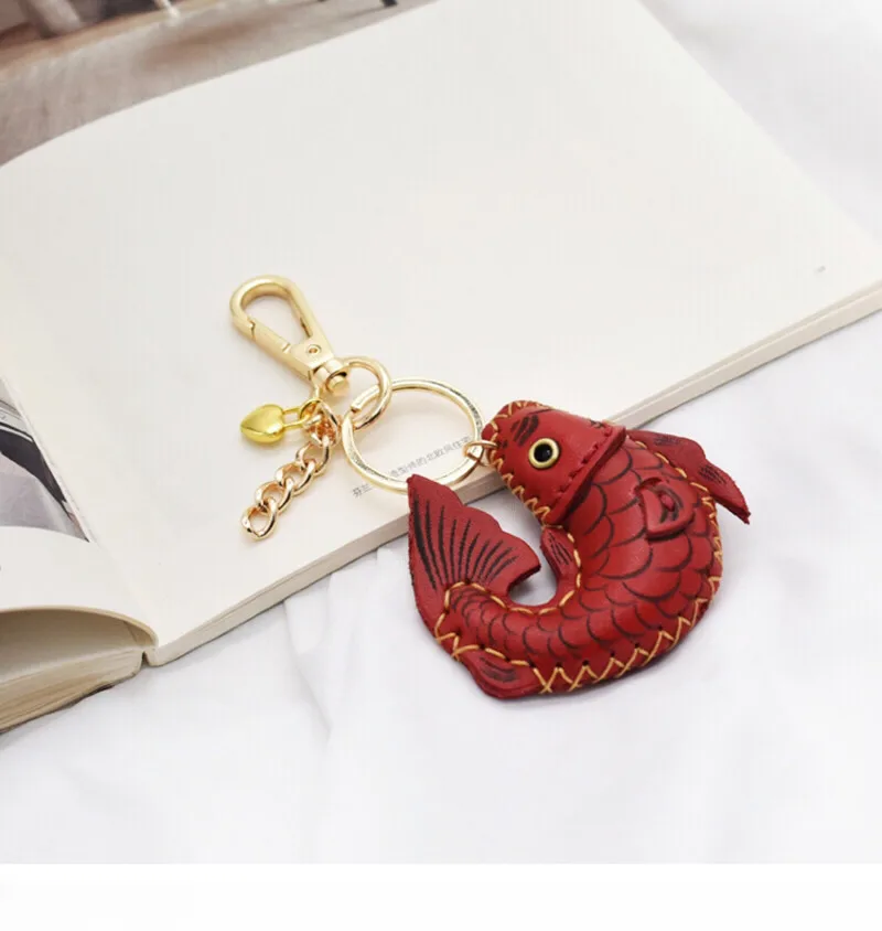 Cute designer Leather fish keychain for crafting women jewelry accessories bag charm gift porte clef femme key rings bulk