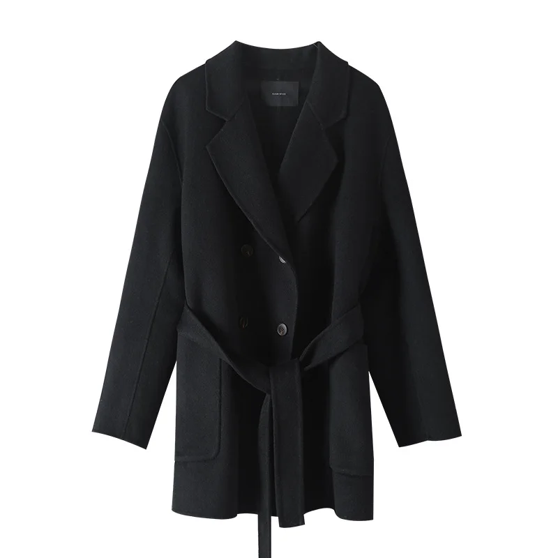 80% шерстяные пальто и куртки для женщин Abrigos Mujer Invierno с регулируемой талией и отложным воротником однобортный с широкой талией - Цвет: Черный