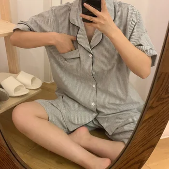 

Photo Shoot COUPLE'S Simple Stripes Loose Pajamas 2020 Summer New Style South Korea Men Homewear Set