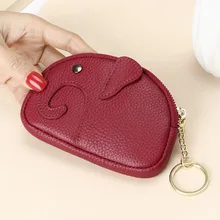 

Genuine Top Layer Cow Leather Cute Mini Elephant Shape Attached Key Ring Chain Design Lady Coin Purses Small Handbag Palm Bags