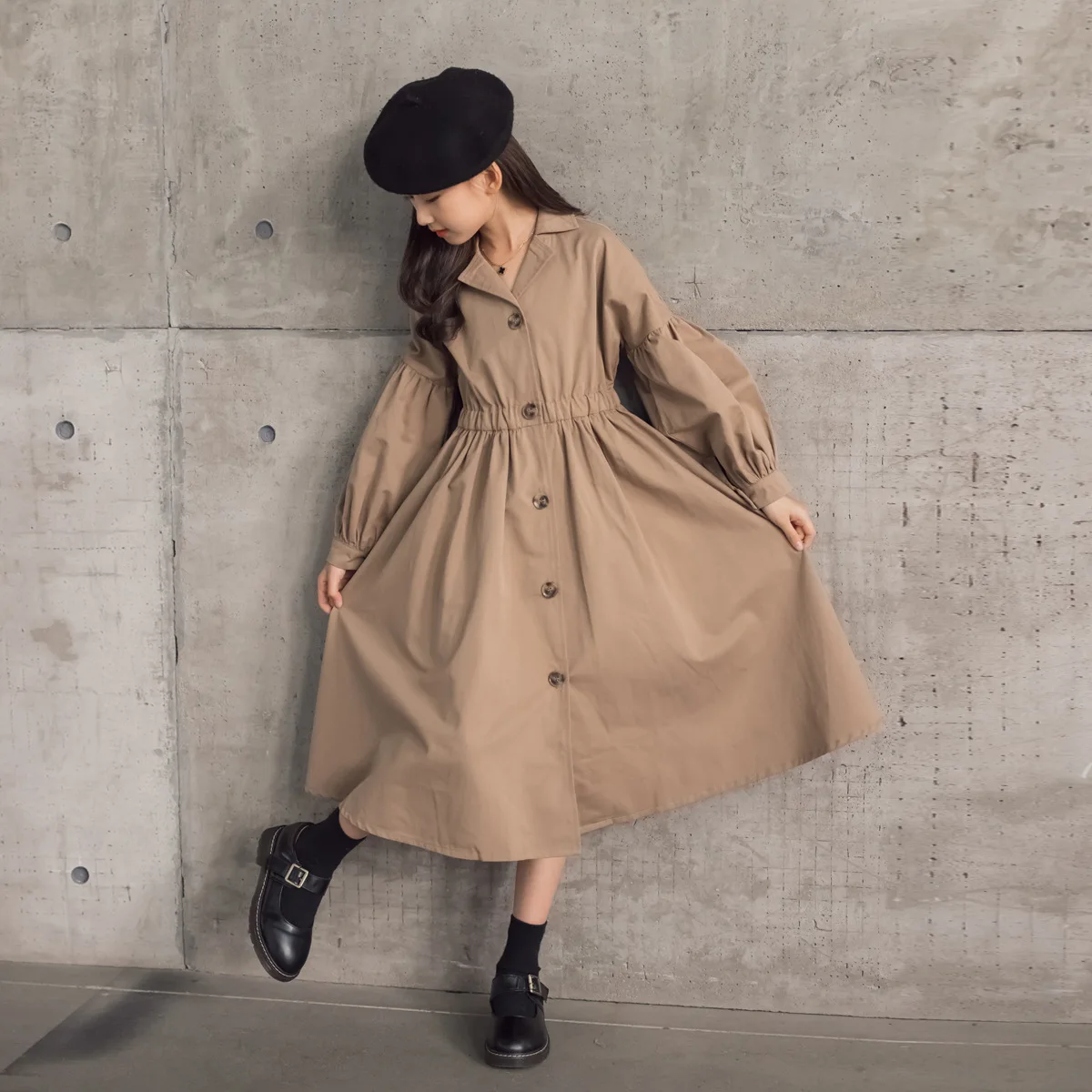 6 to 16 years New Midi Cotton Girls Dress Teen Kids Khaki Buttons Larten Sleeve Outfit Children 2021 Autumn Clothes #6538 | Детская