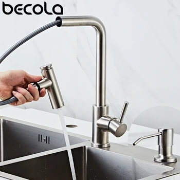 

BECOLA Brushed Nickel Kitchen Faucet Mixer Single Handle Single Hole Stainless Steel Sprayer Kitchen Taps Pull Out Spout Faucet