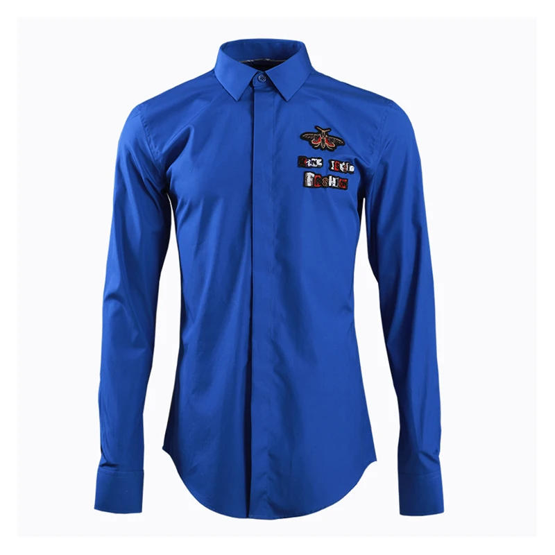 Новинка, брендовая мужская рубашка, однотонная, с длинными рукавами, Chemise homme, точная вышивка, деловые мужские тонкие рубашки, Размер 4XL, Camisas - Цвет: Синий