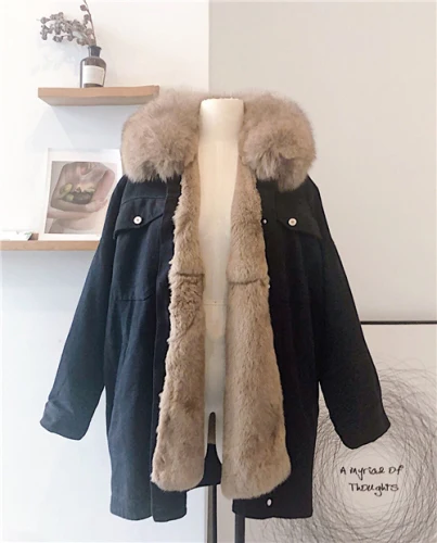 Black Khaki Tcyeek, настоящая подкладка из кроличьего меха Рекс, парка, пальто, женская винтажная куртка с воротником из лисьего меха, женская одежда, корейское теплое пальто 9266 - Цвет: Black Khaki