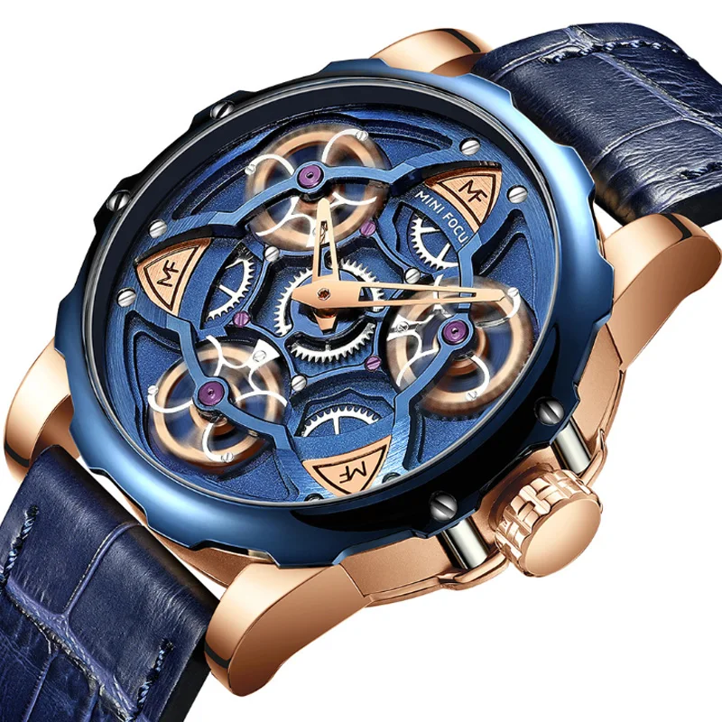 

Men's watch mechanical wind gear gyro Japanese movement stereo word leather watchband multi-functional fashion quartz watch