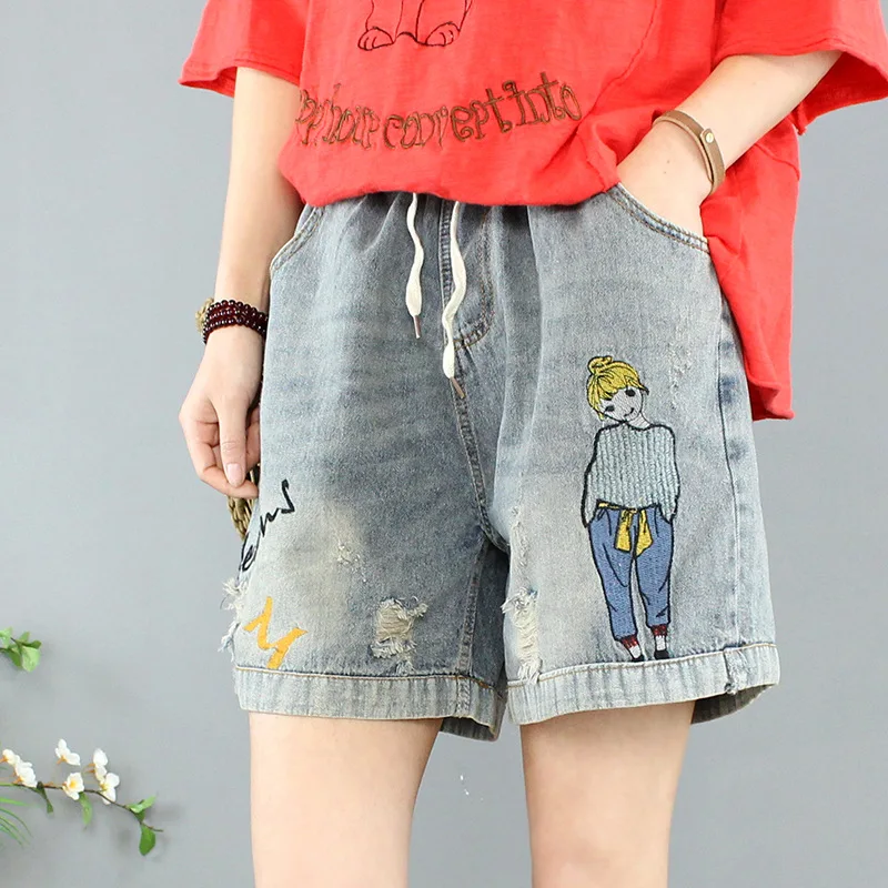 

Sweet High Waist Shorts Jeans Woman Harajuku Loose Cotton Denim short Female Summer 2020 Korean Cartoon Embroidery Jeans Shorts