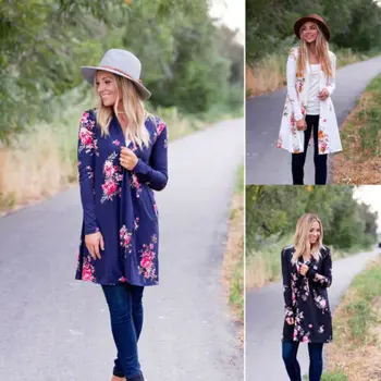 

New V Neck Flower Printing Long Open Stitch Womens Warm Long Sleeve Waterfall Office Jacket Casual Coat Autumn Tops Cardigan