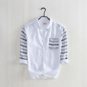 

Literary small fresh seven-point sleeve linen shirt men's self-cultivation sleeves shirt breathable cotton