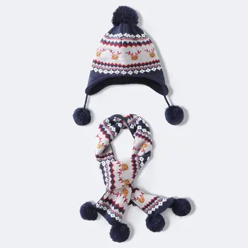 

2020 New Kids Baby Winter Christmas Reindeer Pompom Earflap Beanie Cap Long Scarf Gloves