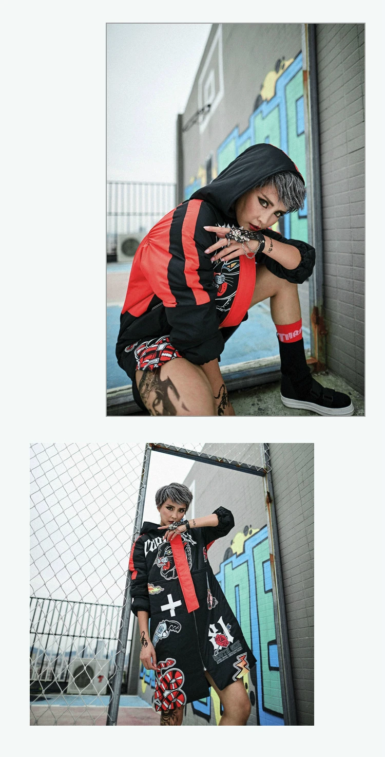 Спортивная куртка-парка Для женщин печати с капюшоном зимняя верхняя одежда в стиле «хип-хоп» уличная теплая одежда с длинными рукавами Mujer пальто Цвет блок с ярким рисунком; куртка-парка