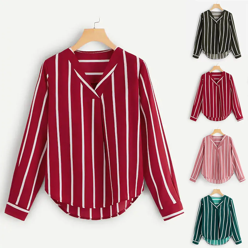 

Women V Neck Stripe Shirt Women Casual Autumn Long Sleeve Irregular Blusas fashion female Long Sleeve v-neck Striped Top Blouse