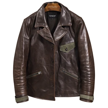 

2020 men's vintage cow Canvas stitching slim fit short real leather coat men lapel maroon fashion jacket male