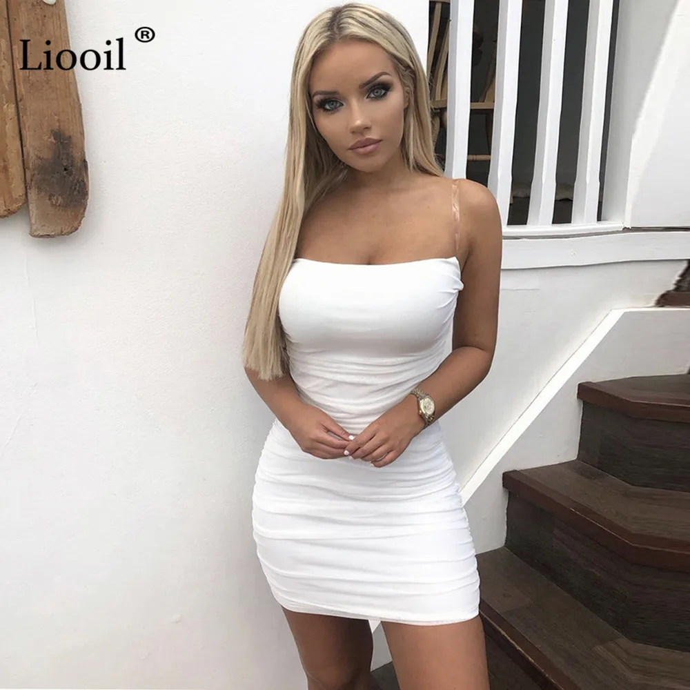 Белый Liooil черное белое сексуальное облегающее мини-платье с рюшами без рукавов невидимый ремень бесшовная плотно прилегающая юбка платья женские вечерние ночной клуб - Цвет: Белый